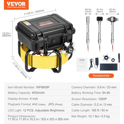 VEVOR Sewer Camera, 165 ft/50m Self-Leveling Pipeline Inspection Camera with 9" 1080P HD Screen, 36X Zoom, IP68 Waterproof Plumbing Camera with Lights-12 LED, 32GB Card Snake Camera for Duct Pipe - size: 165ft/50m, style: 9" Screen with Self-Leving
