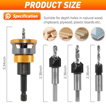 Countersink Drill Bit Set with Low Friction Depth Stop - color: yellow