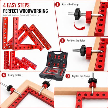 Corner Clamps for Woodworking, 8-Piece 90 Degree Right Angle Clamp Set with Storage Case, 4 x 5.5 in and 4 x 3.14 in Positioning Squares for Cabinets, Frames, Drawers and Boxes