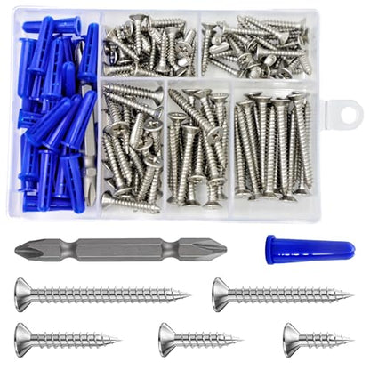 Wensilon (135Pcs) 304 Stainless Steel Wood Screw Quick Metal Self Tapping Flat Head with Drywall Plastic Anchors kit - size: SS304 Flat Head Wood Screws