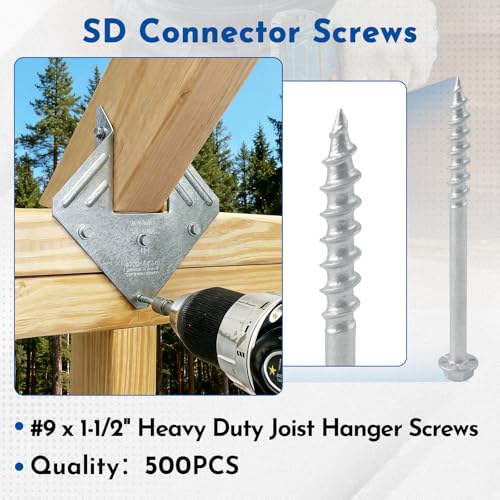 #9 x 1-1/2“ Connector Screws, Joist Hanger Screws 1/4" Hex Head with 0.380"-Dia, Mechanical Galvanized,for Construction, Home Improvement (500PCS) - size: #9-1x1/2"