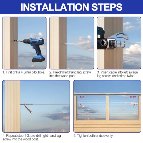 BLIKA 100 Pack 1/8" Cable Railing Kit Right&Left Swage Lag Screws - color: Silver