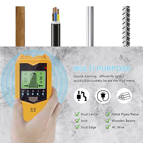 Stud Finder Wall Scanner, 5 in 1 Electronic Stud Sensor, Metal Detector Wall Scanner, Wall Wood Detector Scanner with LCD Display & Audio Alarm for Wood Metal Pipe Studs AC Wire Detection (Yellow)