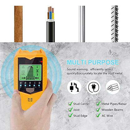 Stud Finder Wall Scanner, 5 in 1 Electronic Stud Sensor, Metal Detector Wall Scanner, Wall Wood Detector Scanner with LCD Display & Audio Alarm for Wood Metal Pipe Studs AC Wire Detection (Yellow)