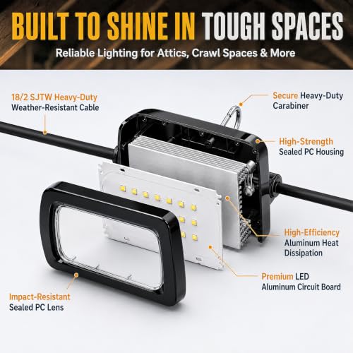 Owleye 50FT Led Work Light 85W 8000LM Waterproof Construction String Lights Linkable Temporary Work Lighting Outdoor Indoor Worklight (5 Light Heads) - size: 50 Ft, 1 pack