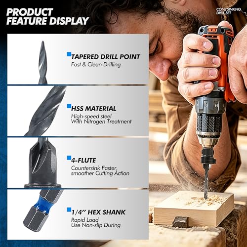 Countersink Drill Bit Set for Wood, 15 PCS, Tapered Drill Bits