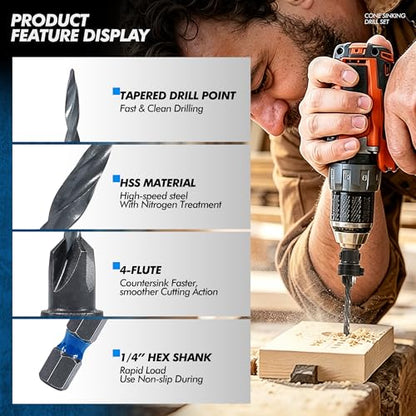 Countersink Drill Bit Set for Wood, 15 PCS, Tapered Drill Bits