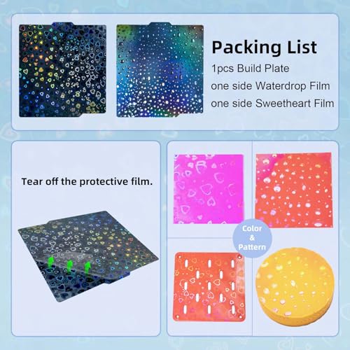 Smooth PEH Holographic Effect Plate for Bambu Lab X2D/P2S/A1/X1C/X1/X1E/P1S/P1P, Double Sided Plate Sweetheart+Waterdrop Flexible Build Plate 257x257mm for Bambu 3D Printers - color: PEH(Sweetheart+Waterdrop)