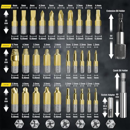 33-Piece Titanium Screw Extractor Set – HSS 4341 Damaged Screw Remover Kit (2-in-1), Includes Magnetic Extension Bit Holder & Socket Adapter for Rusty, Stripped & Broken Screws