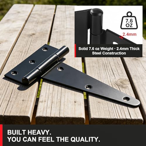 6 Inch Heavy Duty Door Hinges, 6 Pack Black T Strap Hinges, 2.4mm Thick Steel, 7.6 oz Each, Black Powder Coat, Screws Included, for Wood & Metal Doors, Shed Door Hinges & Gate Hinges, Outdoor Use - size: 6IN-6PCS