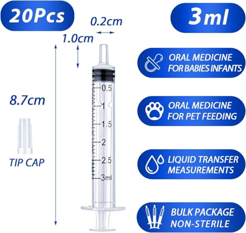20 Pack 3mL Syringe with Tip Cap for Liquid, 3cc Plastic Syringes with Cover, Non-Sterile, No Needle - style: 3 ML