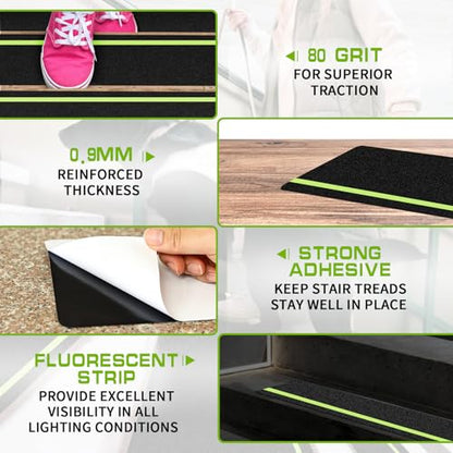 LadyRosian Outdoor Stair Treads Non Slip 10-Pack Black Glow 6" x 30" - Weather Resistant Adhesive Heavy Grip Tape - Waterproof Anti Skid Strips- Glow in The Dark 80-Grit Adhesive Treads - color: Dark, size: 6" x 30"