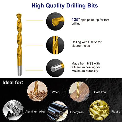 Metric 99 Pieces Titanium Twist Drill Bit Set, 135° Tip High Speed Steel, Size from 1.5mm up to 10mm, Ideal Drilling in Wood/Cast Iron/Aluminum Alloy/Plastic/Fiberglass, with Hard Storage - size: Metric 99 Pieces Drill Bit Set 135°