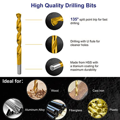 Metric 99 Pieces Titanium Twist Drill Bit Set, 135° Tip High Speed Steel, Size from 1.5mm up to 10mm, Ideal Drilling in Wood/Cast Iron/Aluminum Alloy/Plastic/Fiberglass, with Hard Storage - size: Metric 99 Pieces Drill Bit Set 135°