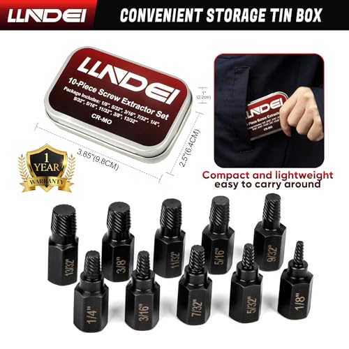 LLNDEI Screw Extractor Set, Hex Head Easy Out Set 10 Pieces (1/8”-13/32”)
