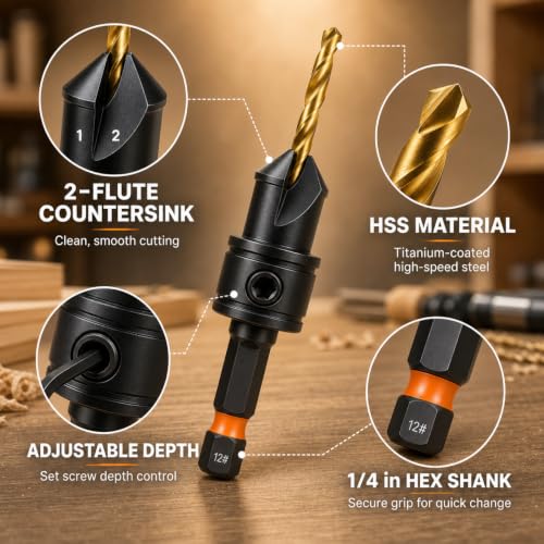 11Pcs Countersink Drill Bit Set, Adjustable Titanium HSS Wood Bits