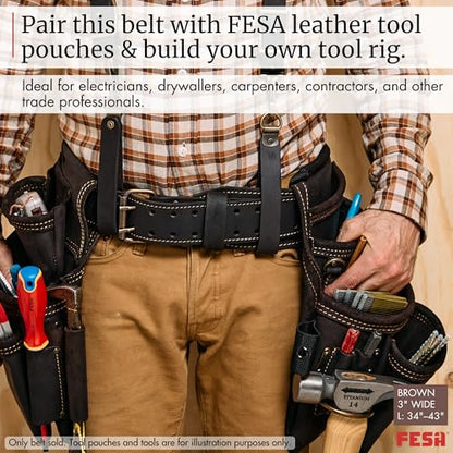 FESA Men's Leather Tool Belt - Handcrafted Top Grain Leather Tool Pouch Belt for Carpenters & Other Trade Professionals - color: Brown - 3" Wide - L
