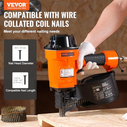 VEVOR Coil Siding Nailer MCN70, 1-3/4" to 2-3/4" 15 Degree Pneumatic Siding Nail Gun, 70-120PSI Air Coil Nailer for Pallet, Crating, Framing, Siding and Fencing - size: MCN70(1-3/4" to 2-3/4")