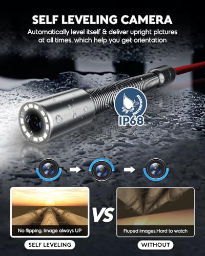 Anysun Sewer Camera with 9 inch 1080p IPS Screen, Pipe Inspection Drain Camera, 100ft/30m Snake, IP68 Industrial Borescope, 16GB Card (Red Cable) 30M - size: 100Ft/30M, Self Leveling & Distance Counter