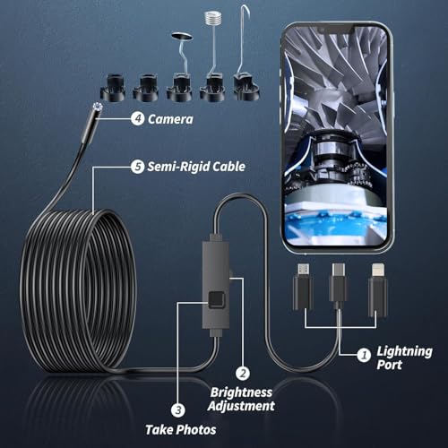 Endoscope Camera with Light, 1920P HD Borescope Camera with 16.4FT Semi-Rigid Snake Cable, 8 LED Lights IP67 Waterproof Inspection Camera for iPhone Android - style: Single-Len