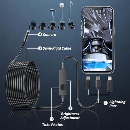 Endoscope Camera with Light, 1920P HD Borescope Camera with 16.4FT Semi-Rigid Snake Cable, 8 LED Lights IP67 Waterproof Inspection Camera for iPhone Android - style: Single-Len