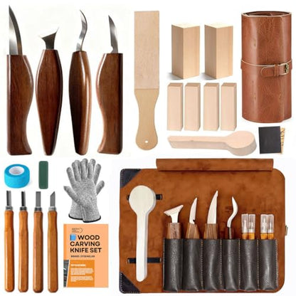 Dysenklan Wood Carving Kit Deluxe-Whittling Knife with PU Storage Bag,4 Wood Carving Knives 4 Detail Knives 6 Blocks, Woodworking Widdle Gift for Beginners Kids Adults Hobby