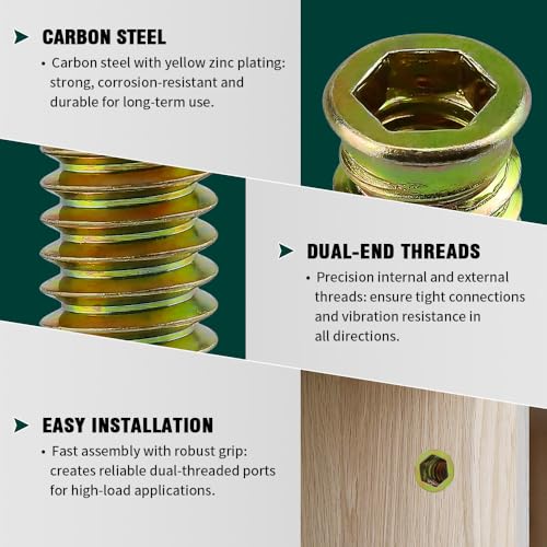 5/16-18 x 15mm Threaded Insert Nuts 25-Pack, Flanged Hex Drive Internal & External Threaded Screw-in Nut Inserts for Furniture, Wood, Cabinet, Zinc Plated Carbon Steel, Hex Wrench Included - size: 5/16-18 x 15mm