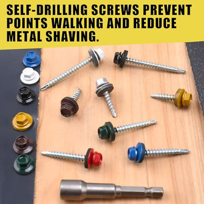 250PCS #10 x 1-1/2" Blue Hex Head Self-Drilling Metal Roofing Screws - color: Blue, size: 1-1/2 in