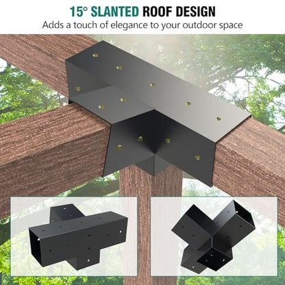 4-Way Brackets with Post Base 3 Pcs Pergola Brackets Kit for 4x4 - size: 1P 15° 4-Way Bracket + 1P 15° Base + 1P Base