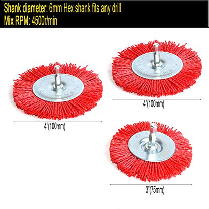 3Pcs Abrasive Wire Wheel Brushes Assorted Nylon Brush Set 3Inch/4" for Drill with 1/4" Shank