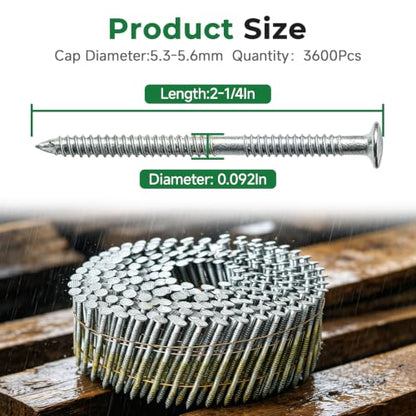 Wire Coil Siding Nails - 2-1/4 x 0.092 Ring Shank 15 Degree Full Round Head Siding Nails, 3600 Count Hot-Dipped Galvanized for Rough Nailing of Lathing and Sheathing Materials - size: 0.092*2-1/4in