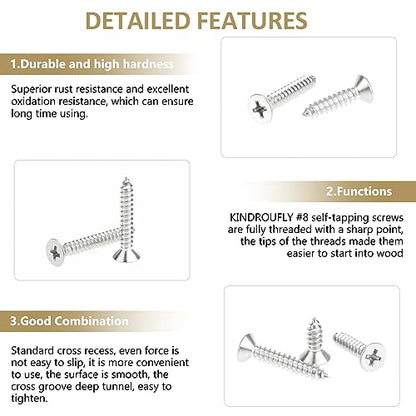 142 Pieces #8 x 1/2" 5/8" 3/4" 1" 1-1/4" Phillips Countersunk Head Self-Tapping Screws, Wood Screws Assortment Kit, 304 Stainless Steel - size: #8