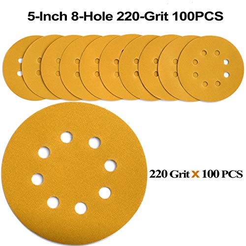 5-Inch 8-Hole Hook and Loop Sanding Discs 220-Grit, 100-Pack