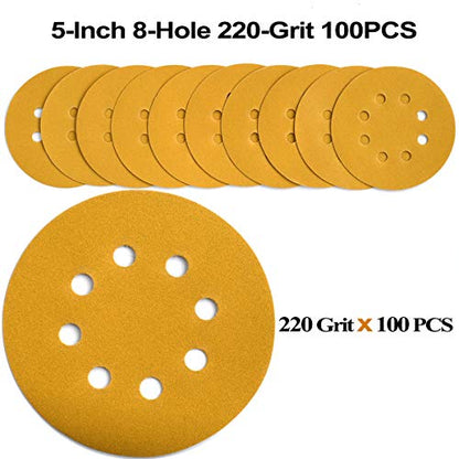 5-Inch 8-Hole Hook and Loop Sanding Discs 220-Grit, 100-Pack
