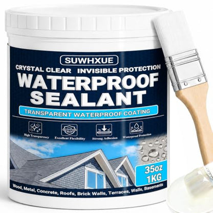 Clear Waterproof Sealant, SUWHXUE 35oz/1KG Water-Based Transparent Waterproof Leak Repair Coating, Invisible Flexible Sealant for Concrete Walls Wood Metal Roof Water Sealer Indoor & Outdoor - size: 35 Oz