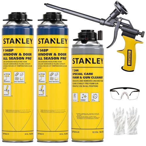 STANLEY F948P All Season Pro Gap Filler - Window & Door Filler in 10F˚, Expanding Polyurethane Sealant for Gaps & Cracks, | Including Gun, Cleaner, Safety Items | 24 Oz, 2 Pack - size: 2 Pack, style: All Season Pro Set