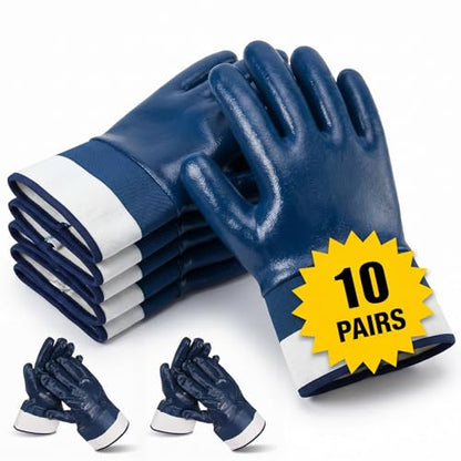 10-Pair Heavy-Duty Chemical Resistant Gloves & Oil Resistant Gloves for Men, Fully Coated Nitrile Work Safety Tools with Wide Cuff (Blue)