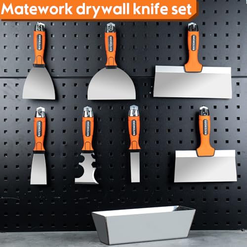 Matework 8Pcs Drywall Tools & Putty Knife Set with Hammer End, Mud Pan - color: 8 Pc
