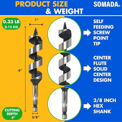 SOMADA 1" x 6" Auger Drill Bit for Wood, Ship Auger Hex Shank - size: 1"x6" Silver