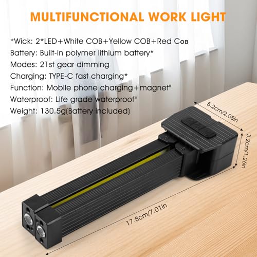 Magnetic Gym Lamp for Posing, Portable Magnet LED Flashlight with Hanging Hook, 7th Gear Dimming & 180 Degree Folding, Handheld USB Rechargeable Power Bank Camping Light