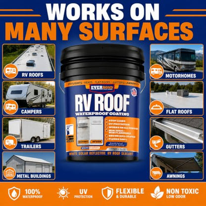 Everbond RV Roof Waterproof Sealant - Solar Reflective Weatherproof Coating for Trailers, Campers, Roof and Leak Repairs - Easy Application, Indoor & Outdoor Use - White, 4.75 Gallon Bucket - style: 4.75 gallons
