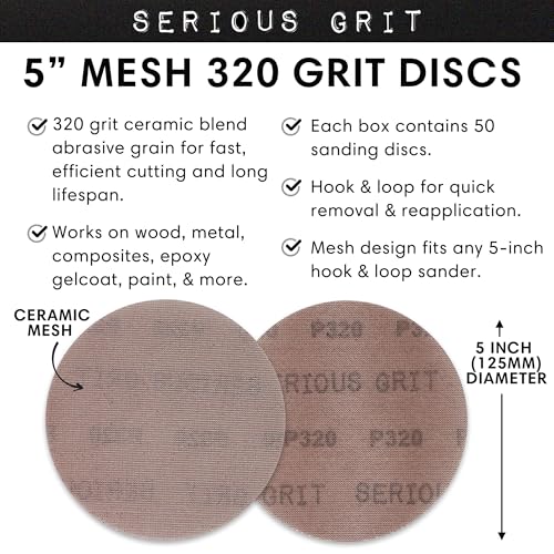 Serious Grit - 5-Inch P320 Grit Ceramic Mesh Sanding Discs - 50 Pack - style: 320 Grit