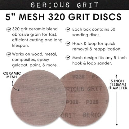 Serious Grit - 5-Inch P320 Grit Ceramic Mesh Sanding Discs - 50 Pack - style: 320 Grit