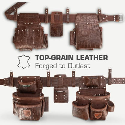 STRONGLAD Premium Embossed Top-Grain Leather, Carpenter Tool Belt - 21-Pocket Framing Tool Belt, Brown-Red Construction Gear with Stainless Steel Hardware