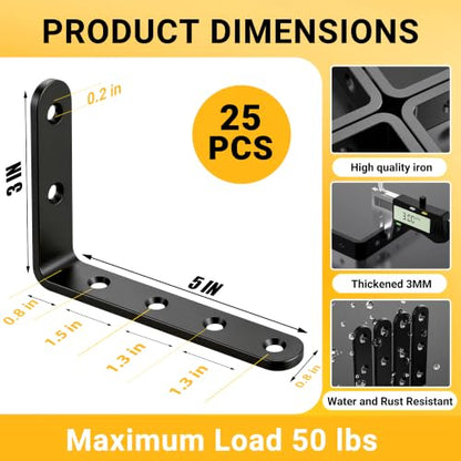 25Pcs Black Angle Brackets 3”x 5” Heavy Duty Corner Bracket 3MM for Wood - size: Black-3x5 Inch