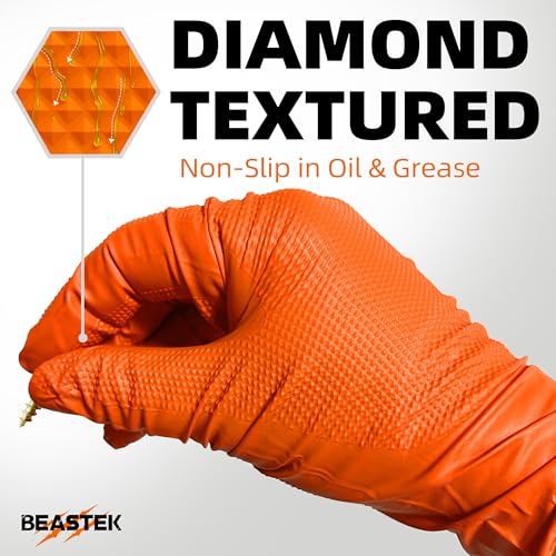 BEASTEK Nitrile Disposable Gloves, 8Mil Latex & Powder Free Chemical Resistant Heavy Duty Cooking Diamond Glove Orange 50 Pcs - color: Large (Orange)