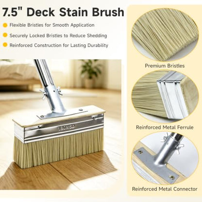 Deck Stain Brush Applicator Kit with 7.5" Stain Brush, 50" Adjustable Extension Pole, 3" Paint Brush, Tray with Liners, Wood Staining Tools for Deck, Fence, Wall, Floor and Furniture