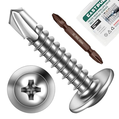 #10 x 1 Self Tapping Screws for Metal, Truss Head Phillips Drive 410 Stainless Steel Self Drilling Sheet Metal Screws with Drill Bit, Fast Tapping (Box of 100) - color: Silver, size: #10 x 1"