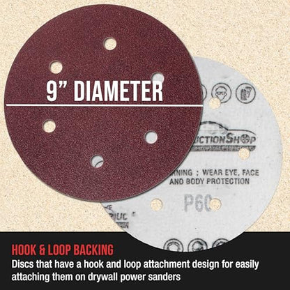 ProductionShop Premium 9" Red 6-Hole Pattern Sanding Discs, 30 Disc Variety Pack, Grits 60, 80, 120, 150, 180, 220 - Dustless Hook & Loop Backing Sandpaper for Drywall Power Sander, Woodworking Paint - style: Variety Pack