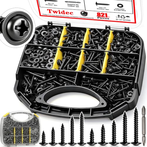Twidec/821PCS Wood Screws 410 Stainless Steel Assortment Kit,#8#10 Phillips Truss Head Wood Screws,High Hardness Black Self Tapping Screws 1/2”,5/8”,3/4”,1”,1-1/4” for Indoor Furniture,Woodworking - size: 821PCS
